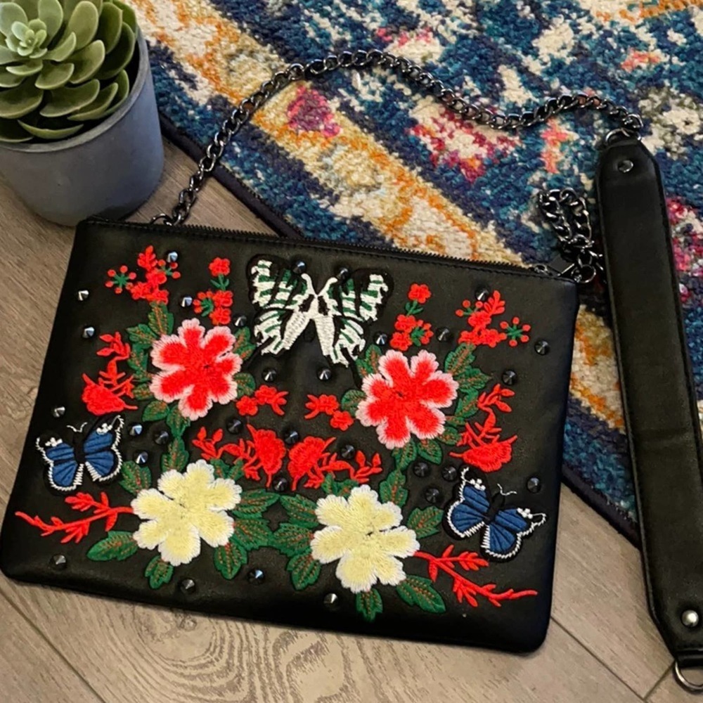 Urban expression black embroidered clutch shoulder bag